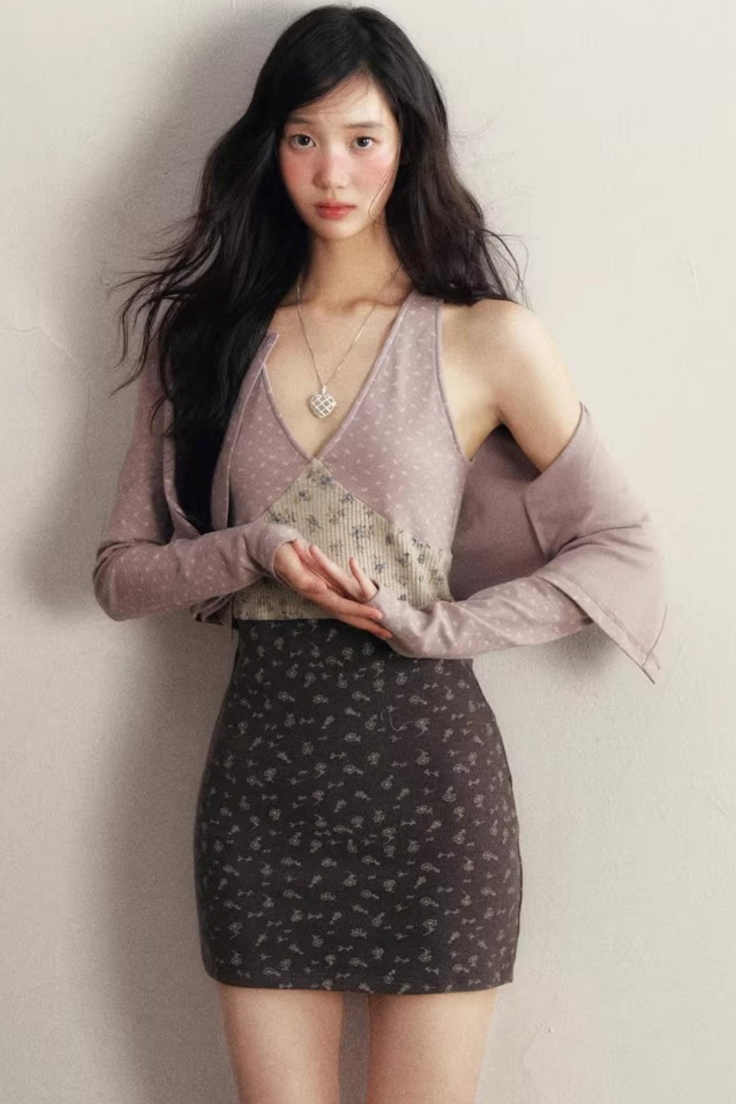 Light Purple Floral Knitted Cardigan Set-Up