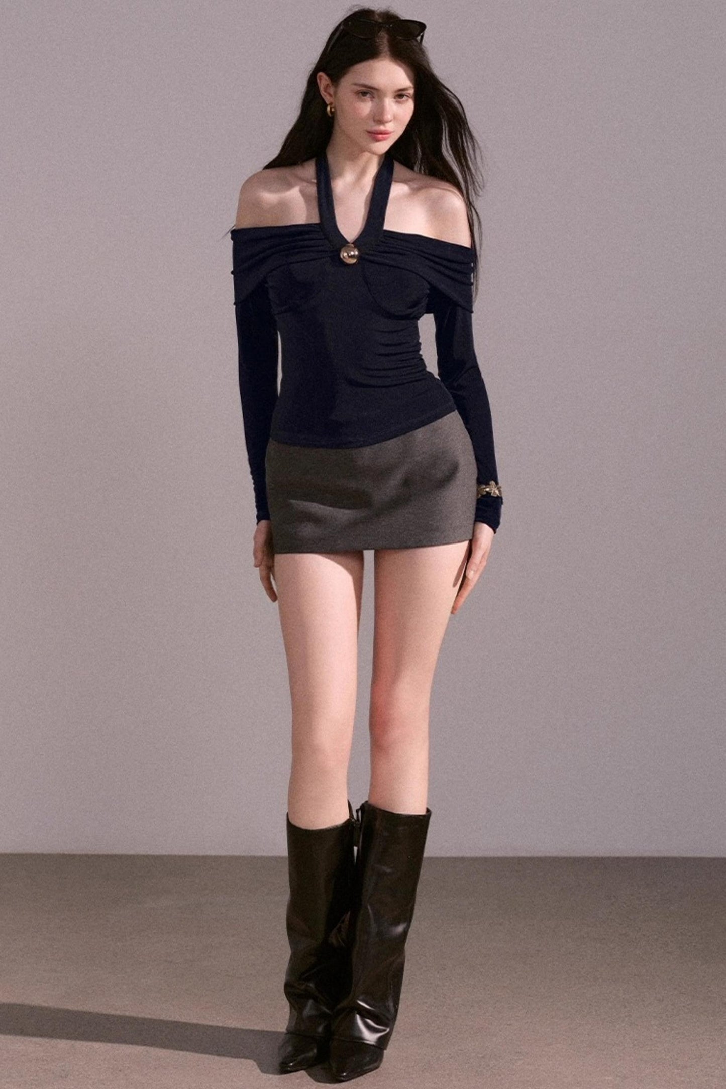 Sense Twisted Navy Halterneck Long Sleeve Top