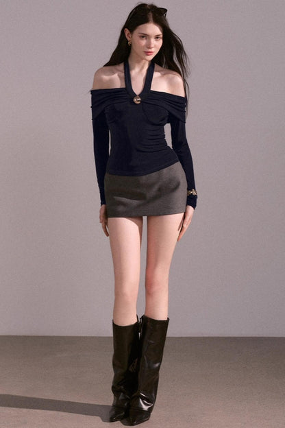 Sense Twisted Navy Halterneck Long Sleeve Top