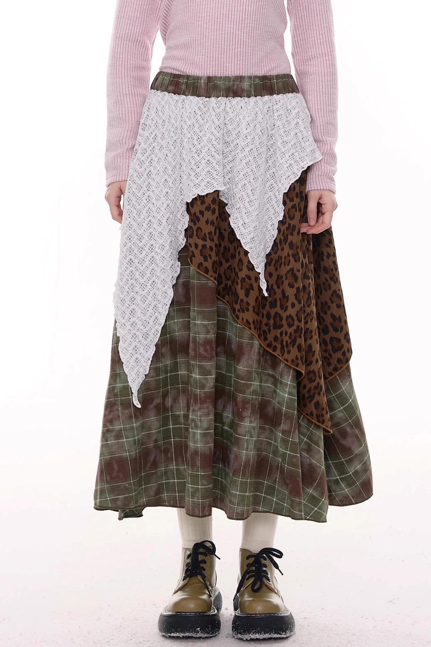 High Waist Irregular Plaid Leopard Print Midi Skirt