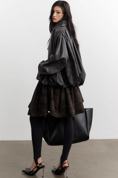 Vintage Pleated Ebony Brown PU Jacket