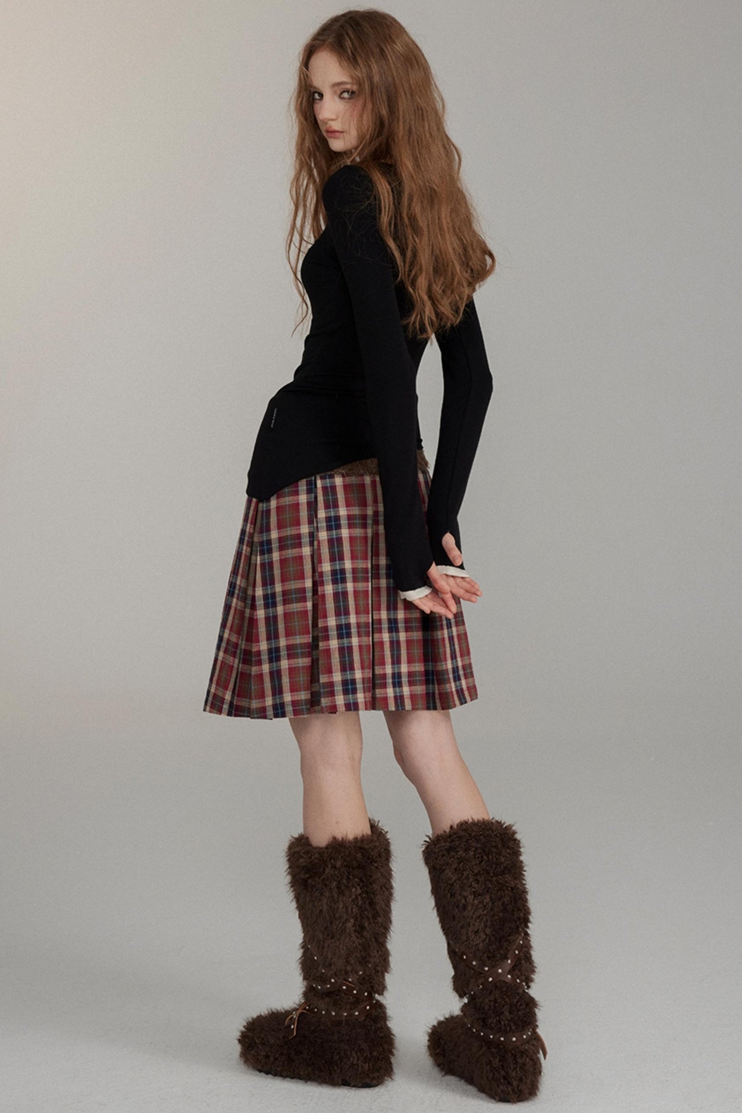 Wool Button Pleated A-Line Skirt