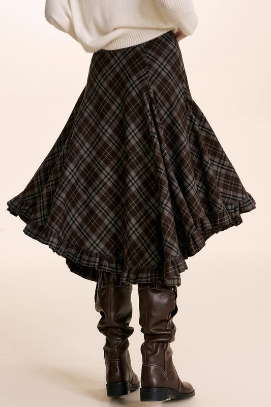 Irregular Ruffled Plaid Skirt