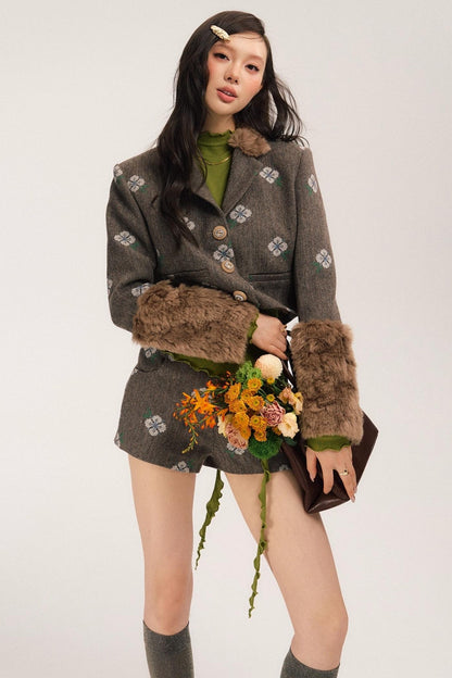 Retro Embroidery Tweed Fur Shorts Set-Up