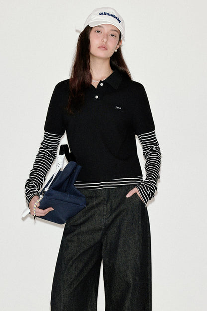 Retro Striped Polo Long-Sleeved Top
