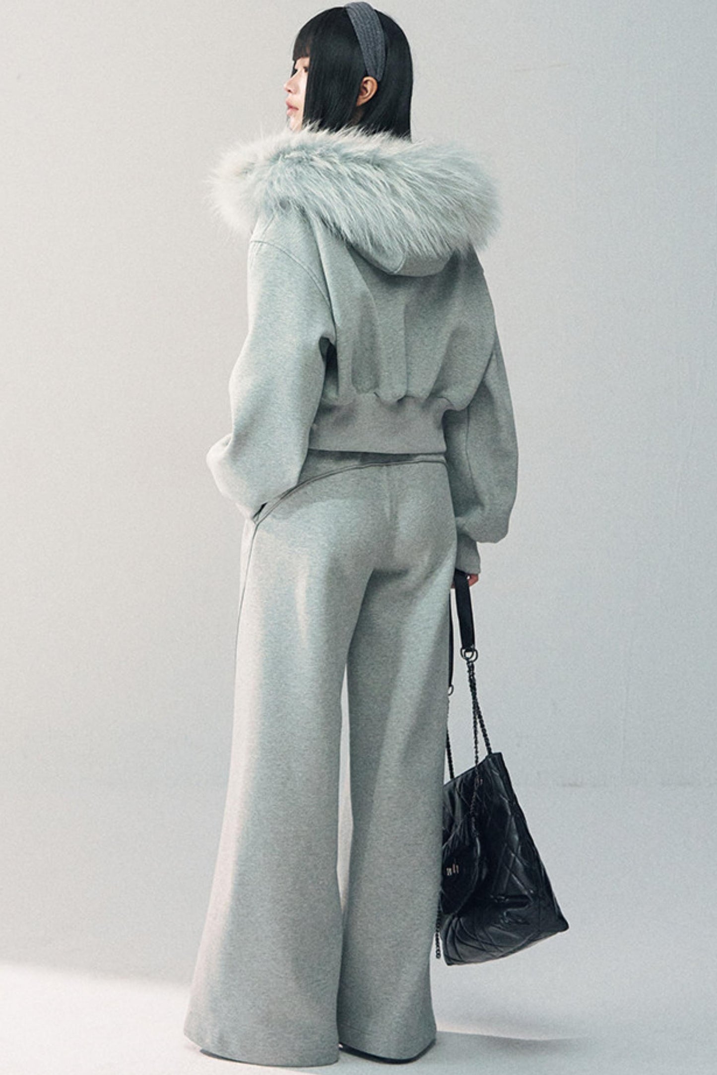 탈부착 가능한 모피 칼라 스웨트셔츠 재킷 세트