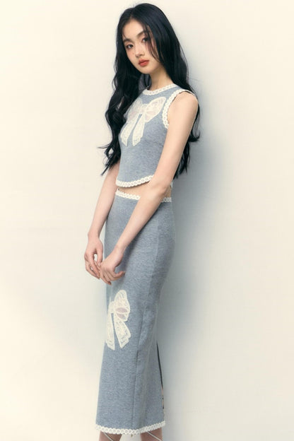 Grey Lace Vest And Skirt Set-Up