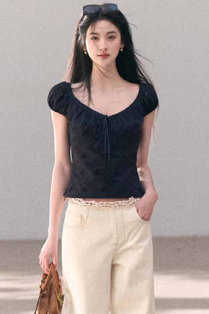 Embroidered Lace Puff Sleeve Top
