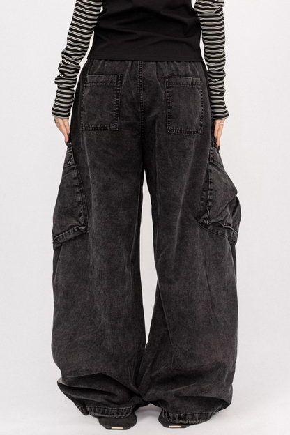 워싱 블랙-그레이 와이드 레그 진