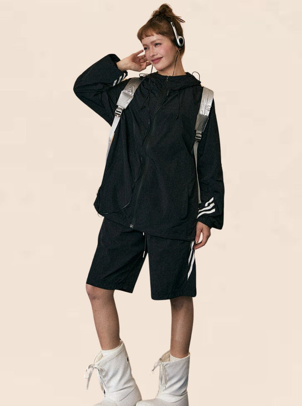 Retro Striped Jacket Shorts Set