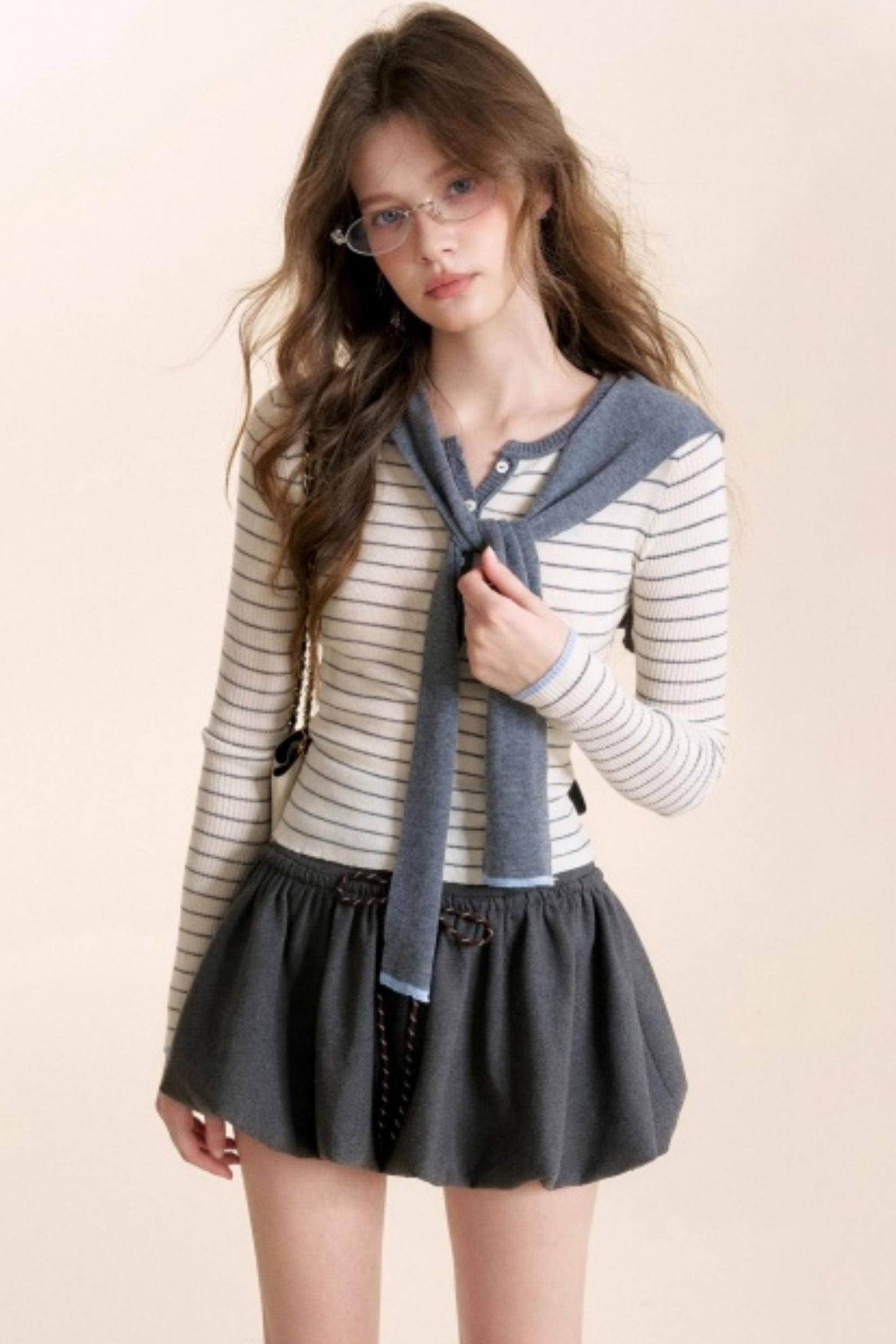 Color-Blocked Woolen Puff Skirt