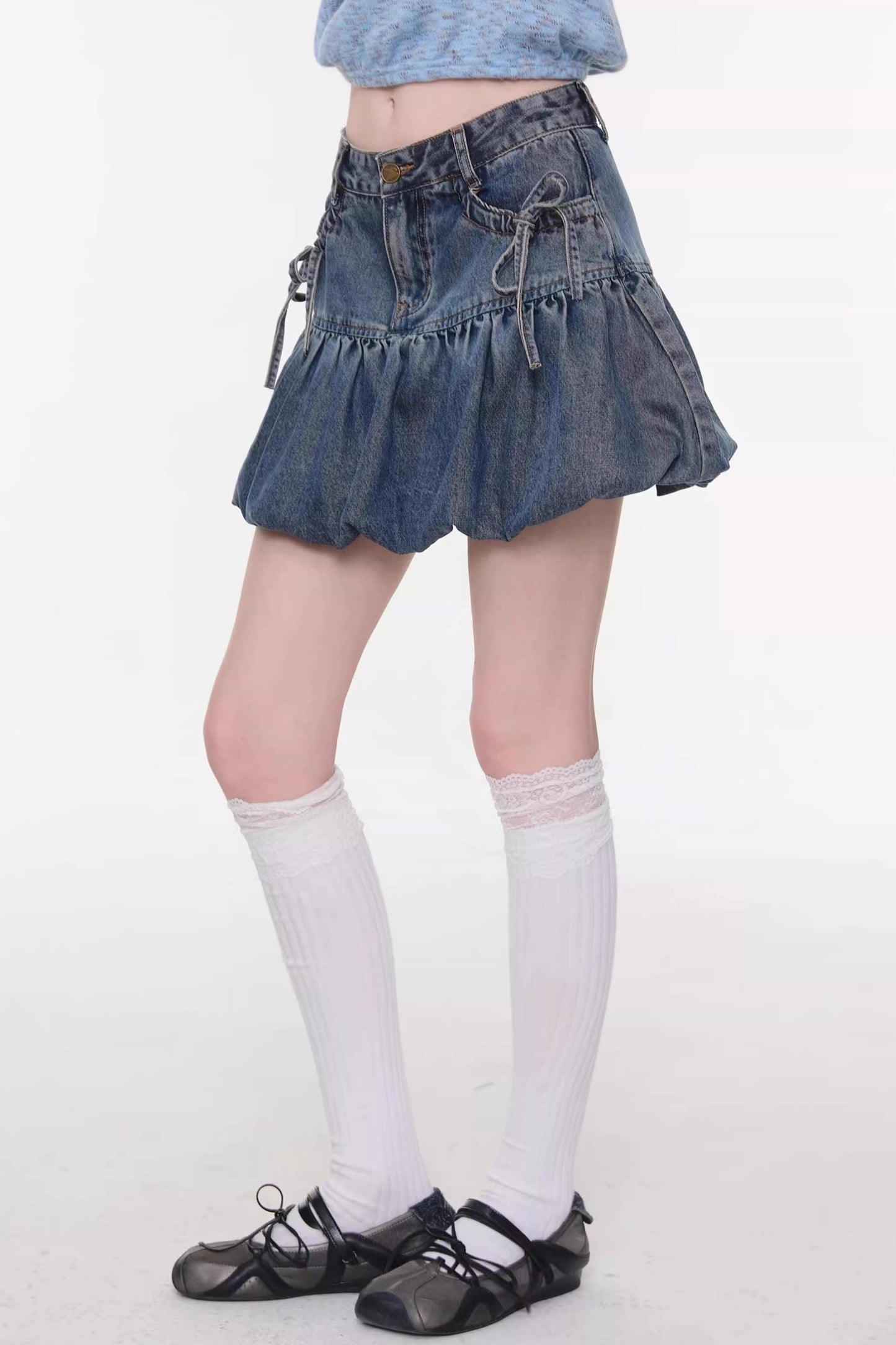 Sweet Bubble Bowknot Denim Skirt