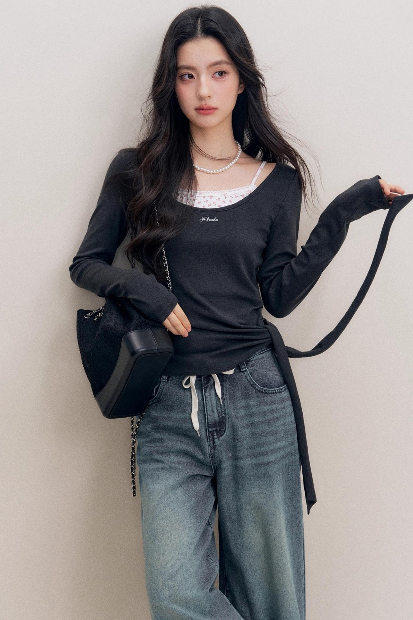 Lazy Contrast Drawstring Wide Leg Jeans