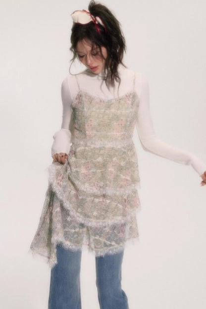 Embroidered Lace Ruffle Dress