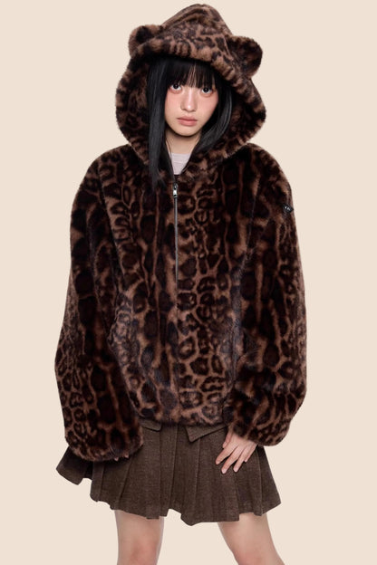 Leopard Print Hooded Furry Cotton Jacket