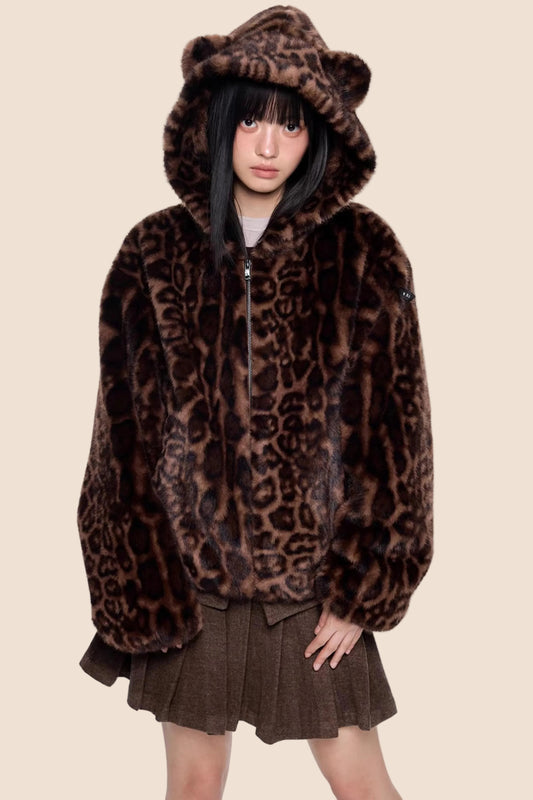 Leopard Print Hooded Furry Cotton Jacket