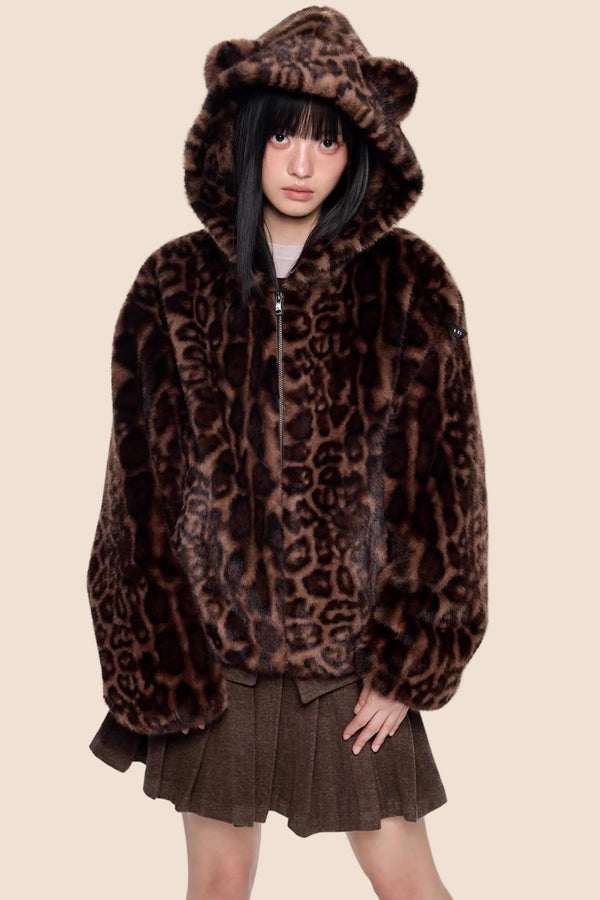 Leopard Print Hooded Furry Cotton Jacket
