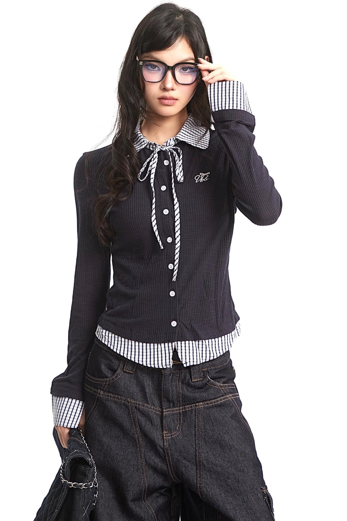 Navy Blue Plaid Knit Top