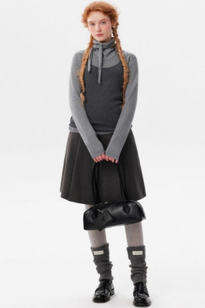 Gray Wool Scarf Collar Top Set-Up