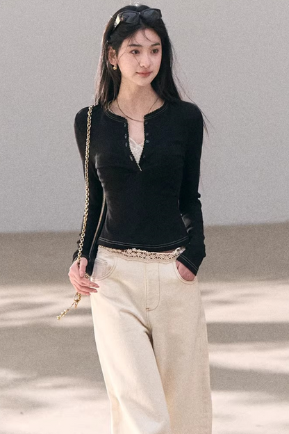 Washed Wide-Leg Lace Pants