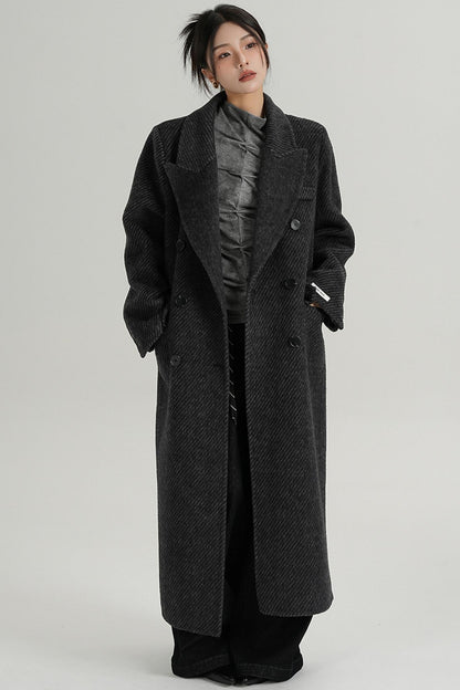 Long Double-Faced Tweed Wool Coat