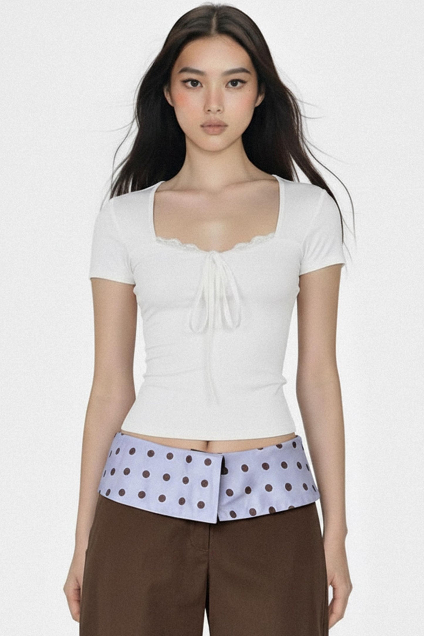 솔리드 레이스 트리밍 크롭 탑