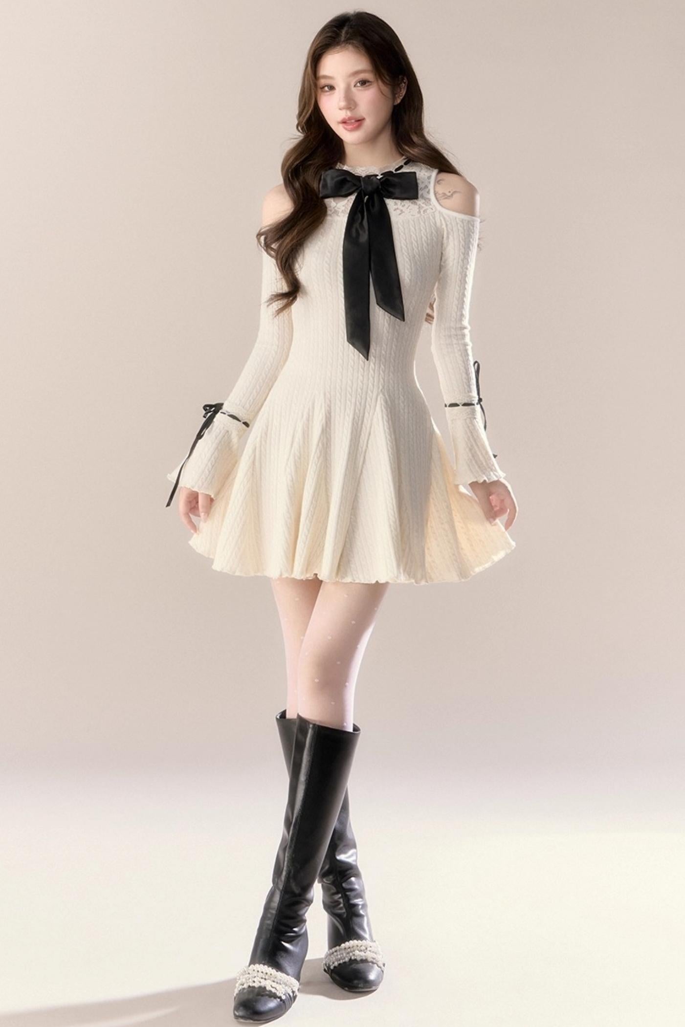 French Knitted Long-Sleeved Dress