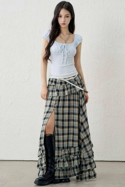 Gray-Green Plaid Ruffled Skirt