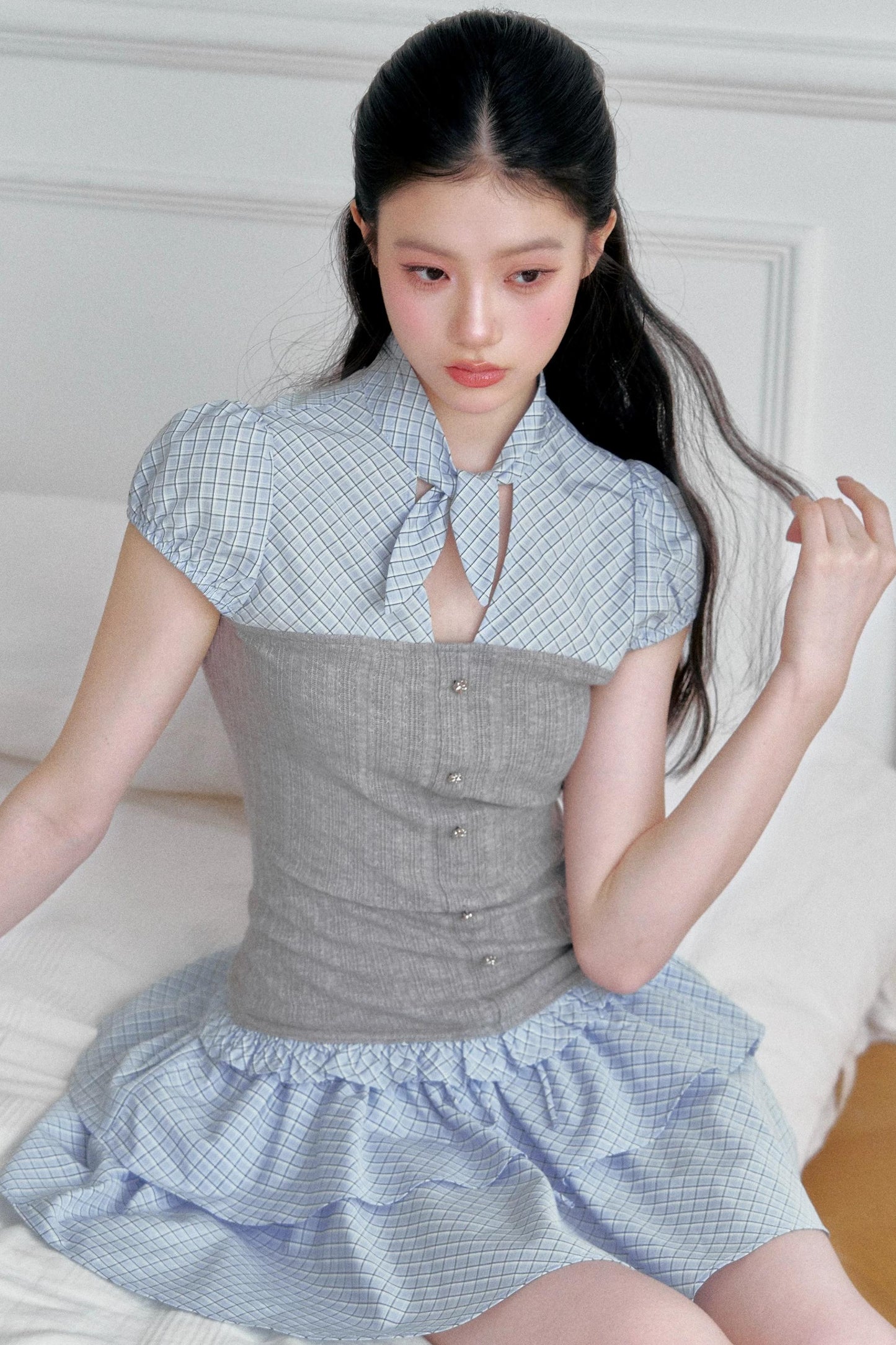 Plaid Patchwork Blouse and Skirt Set-Up