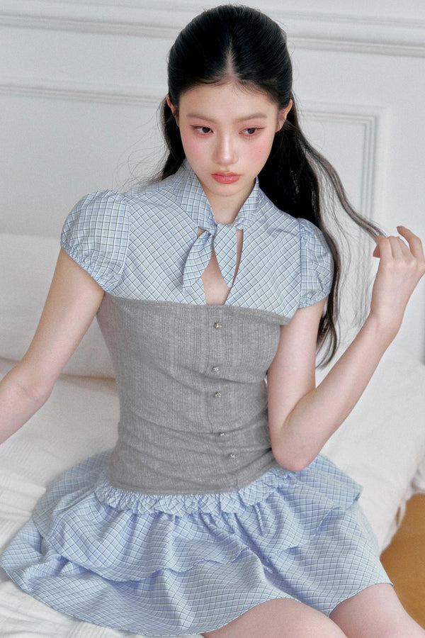 Plaid Patchwork Blouse and Skirt Set-Up