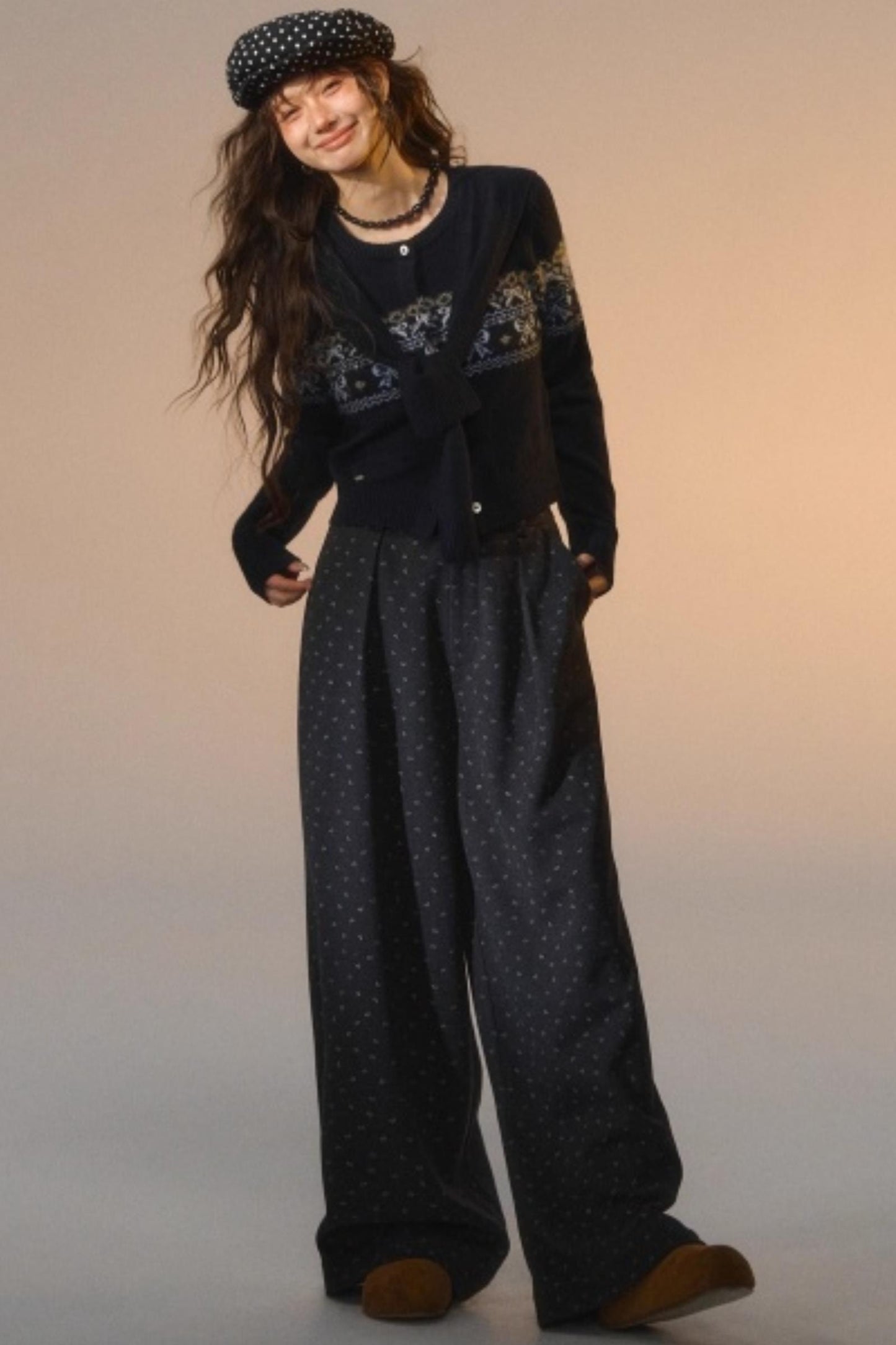 Printed Bow Woolen Trousers
