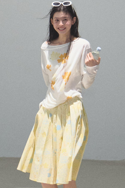 Running Waves Cotton Poplin Pleated Midi Skirt