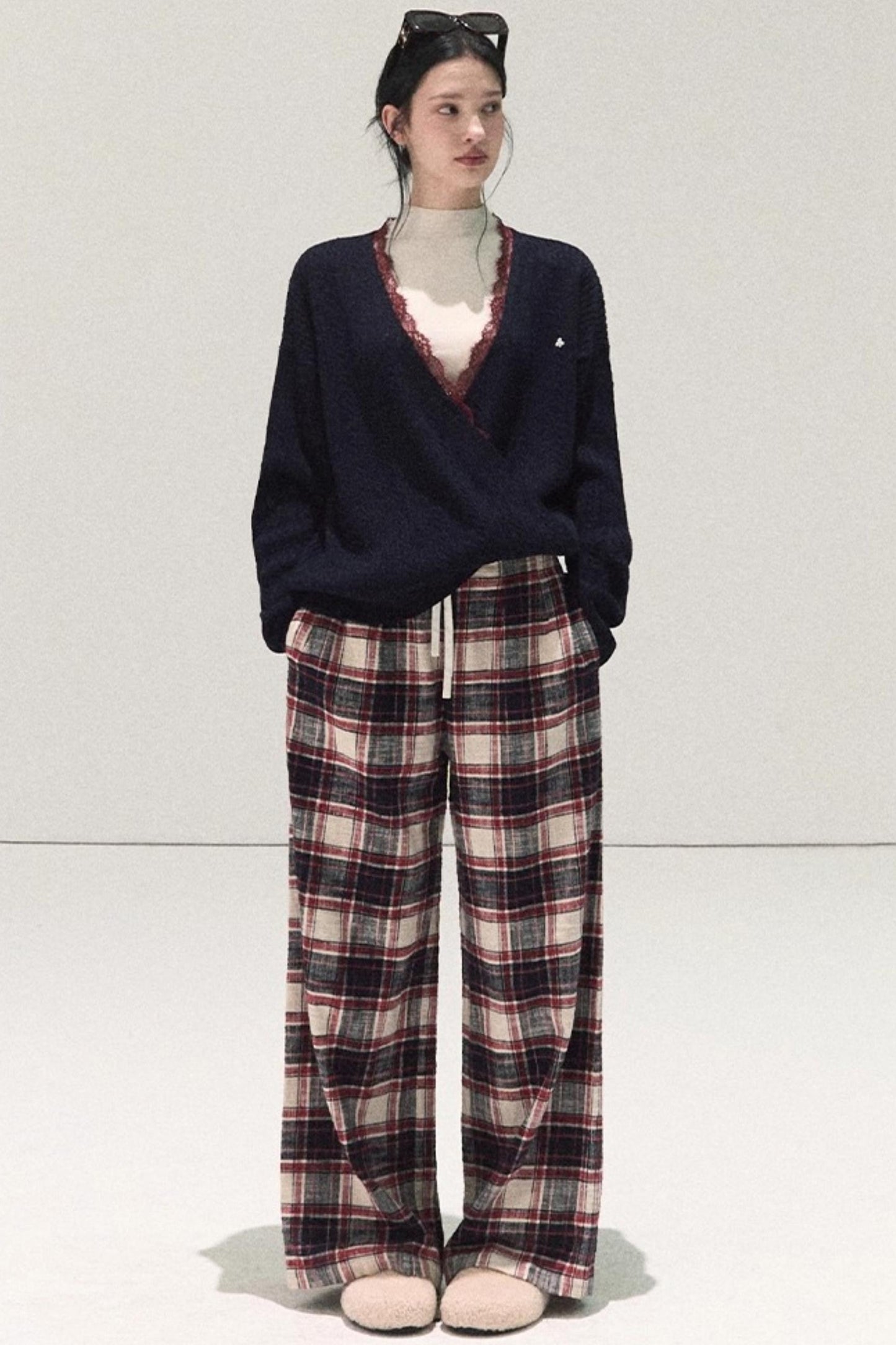 Pure Cotton Plaid Wide-Leg Pants