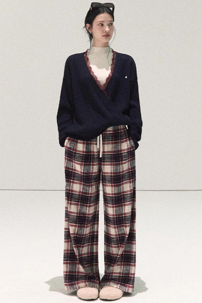 Pure Cotton Plaid Wide-Leg Pants