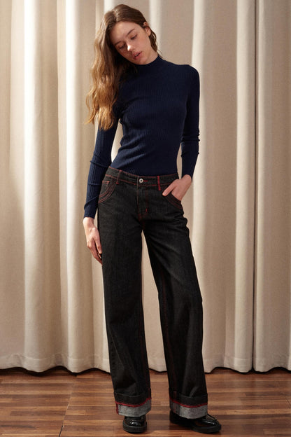 Thin High-Waisted Straight-Leg Pants