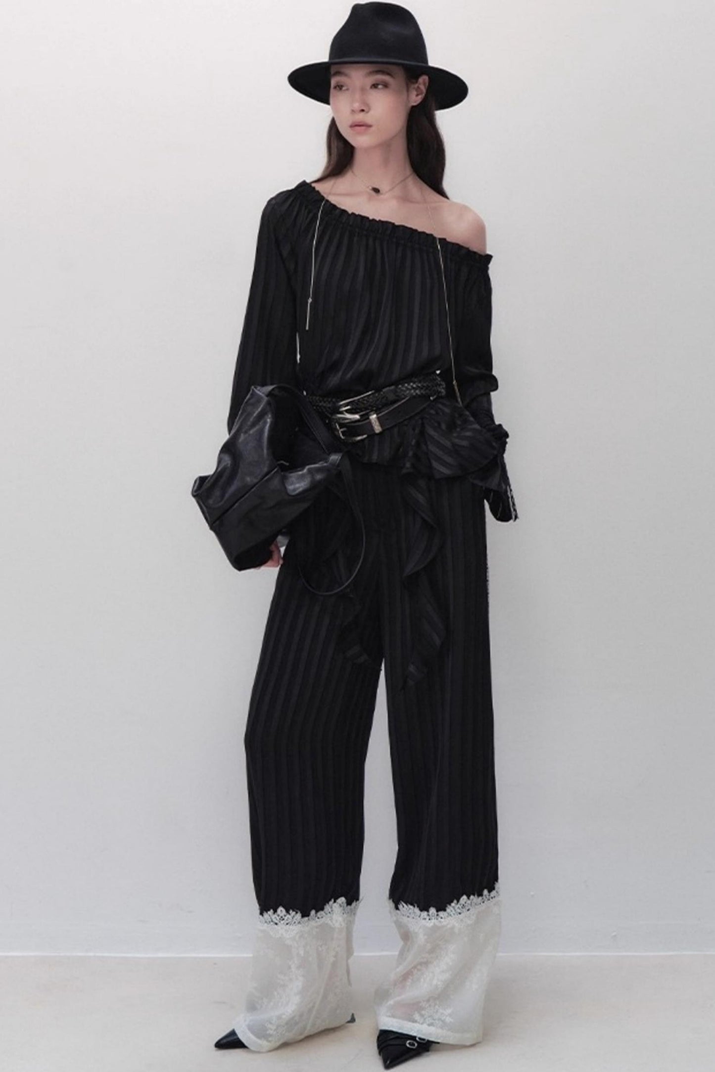Flowing Tencel Embroidered Striped Straight-leg Pants