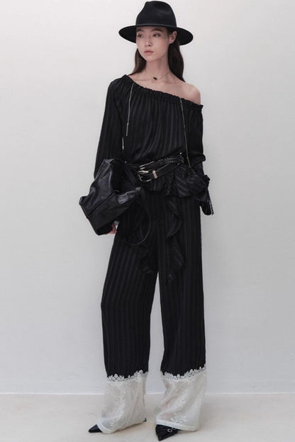 Flowing Tencel Embroidered Striped Straight-leg Pants