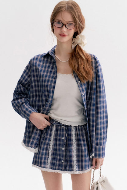 Lace Stitching Check Short Skirt