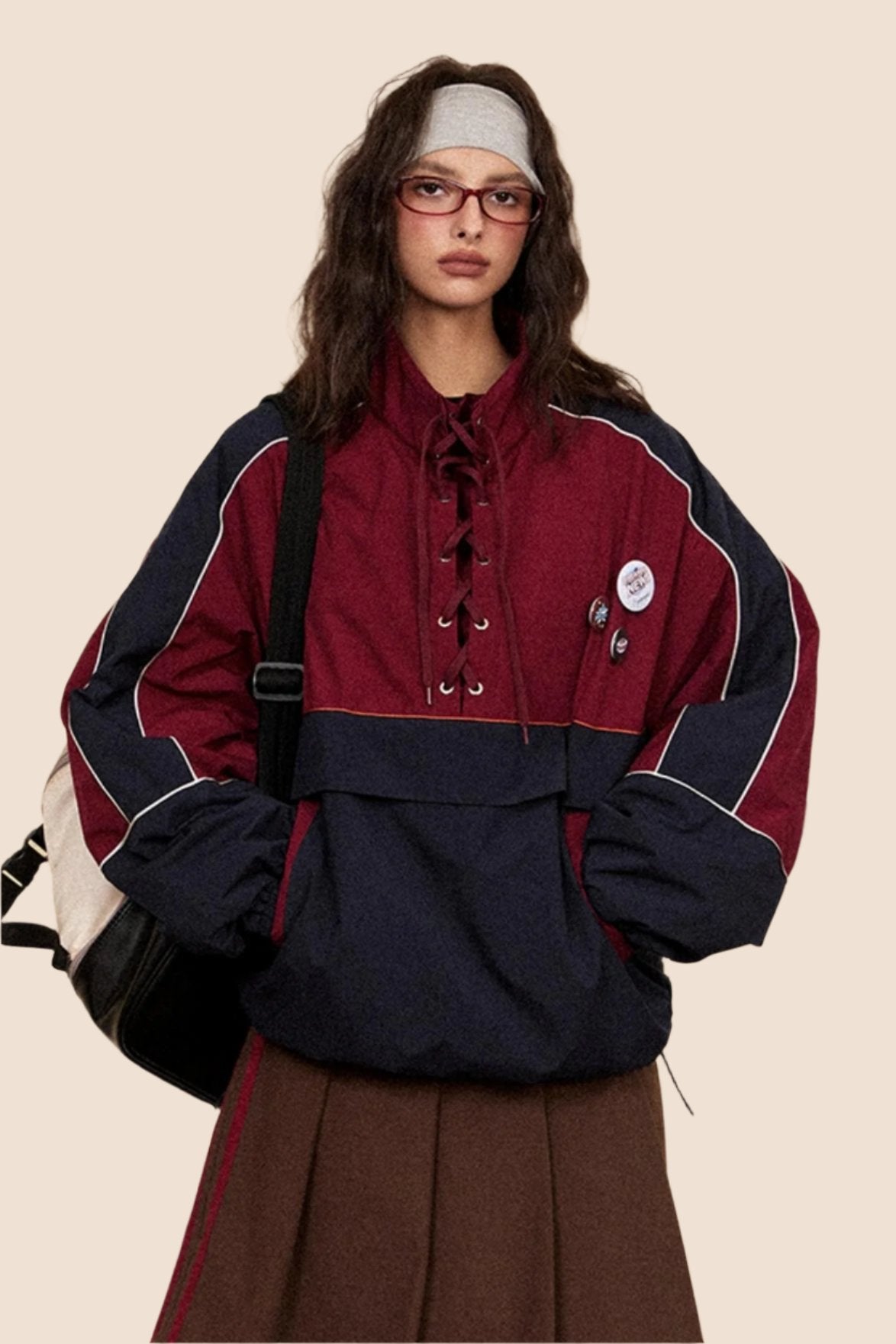 EZEK American Vintage Drawstring Stand Collar, Contrast Panel, Pullover Plus Cotton Padded Sweatshirt, Women's Loose Track Jacket