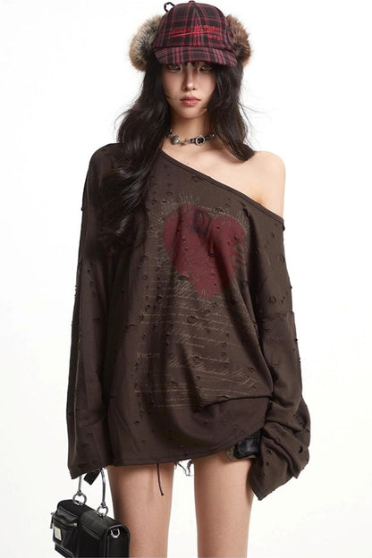 Vintage Love Print Slanted Shoulder T-Shirt