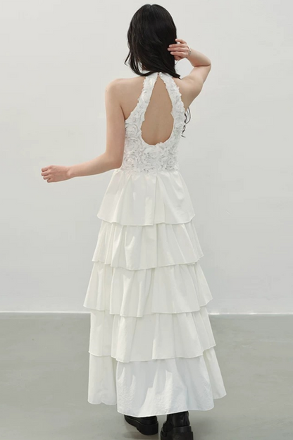 White Halter Floral Dress