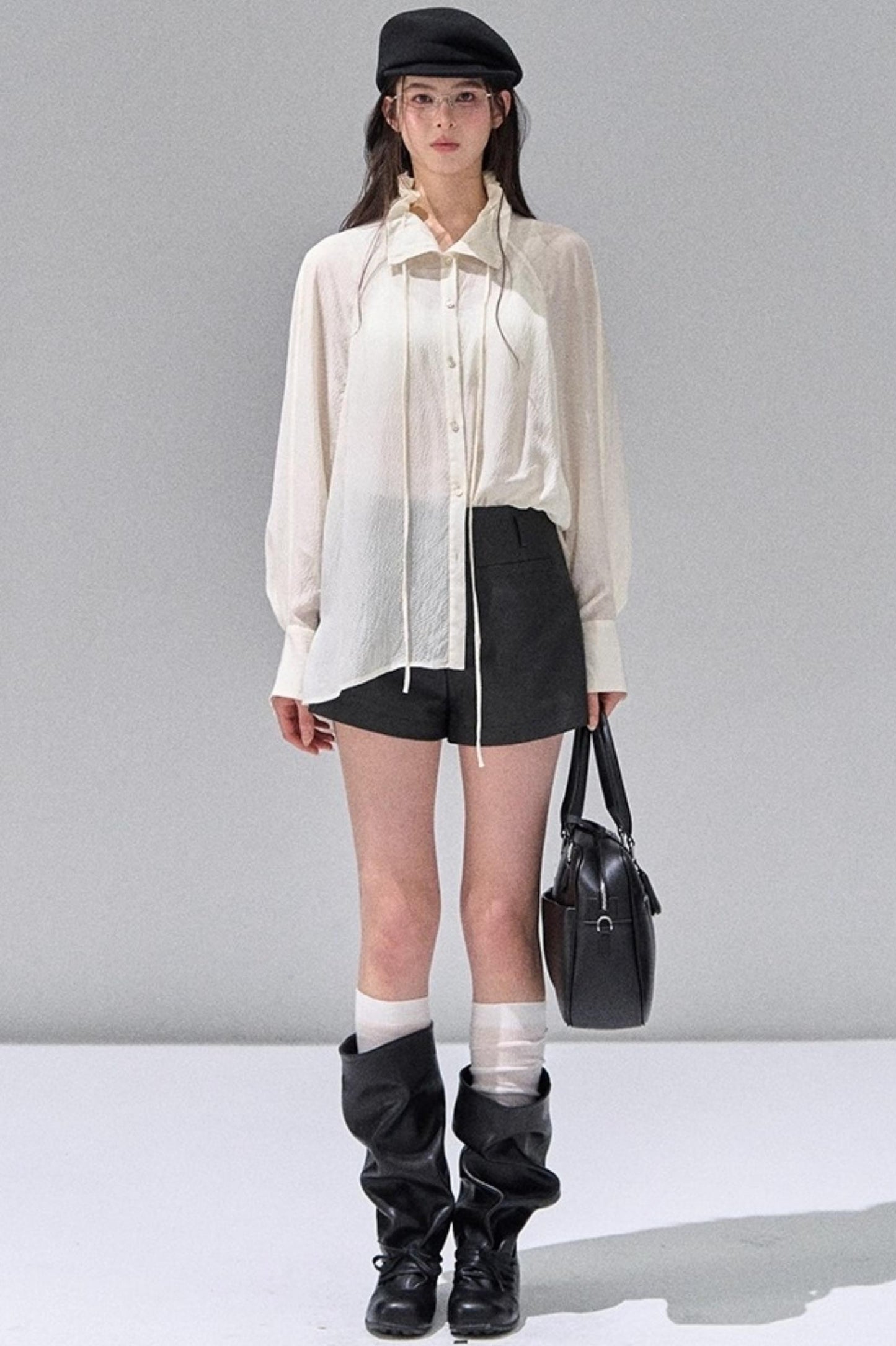 Fungus Edge Collar Drawstring Lace-up Shirt