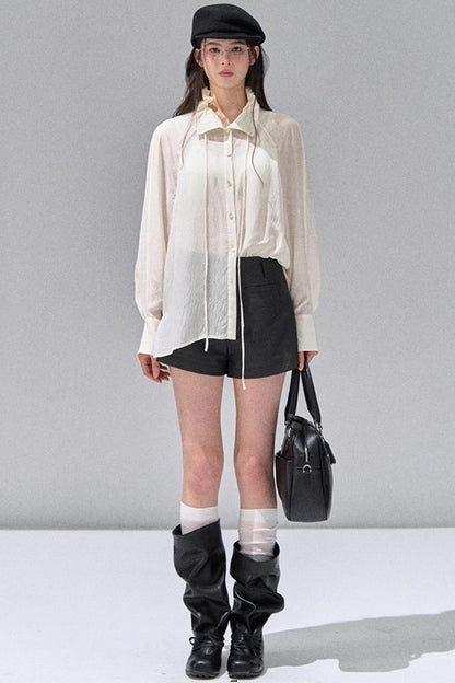 Fungus Edge Collar Drawstring Lace-up Shirt