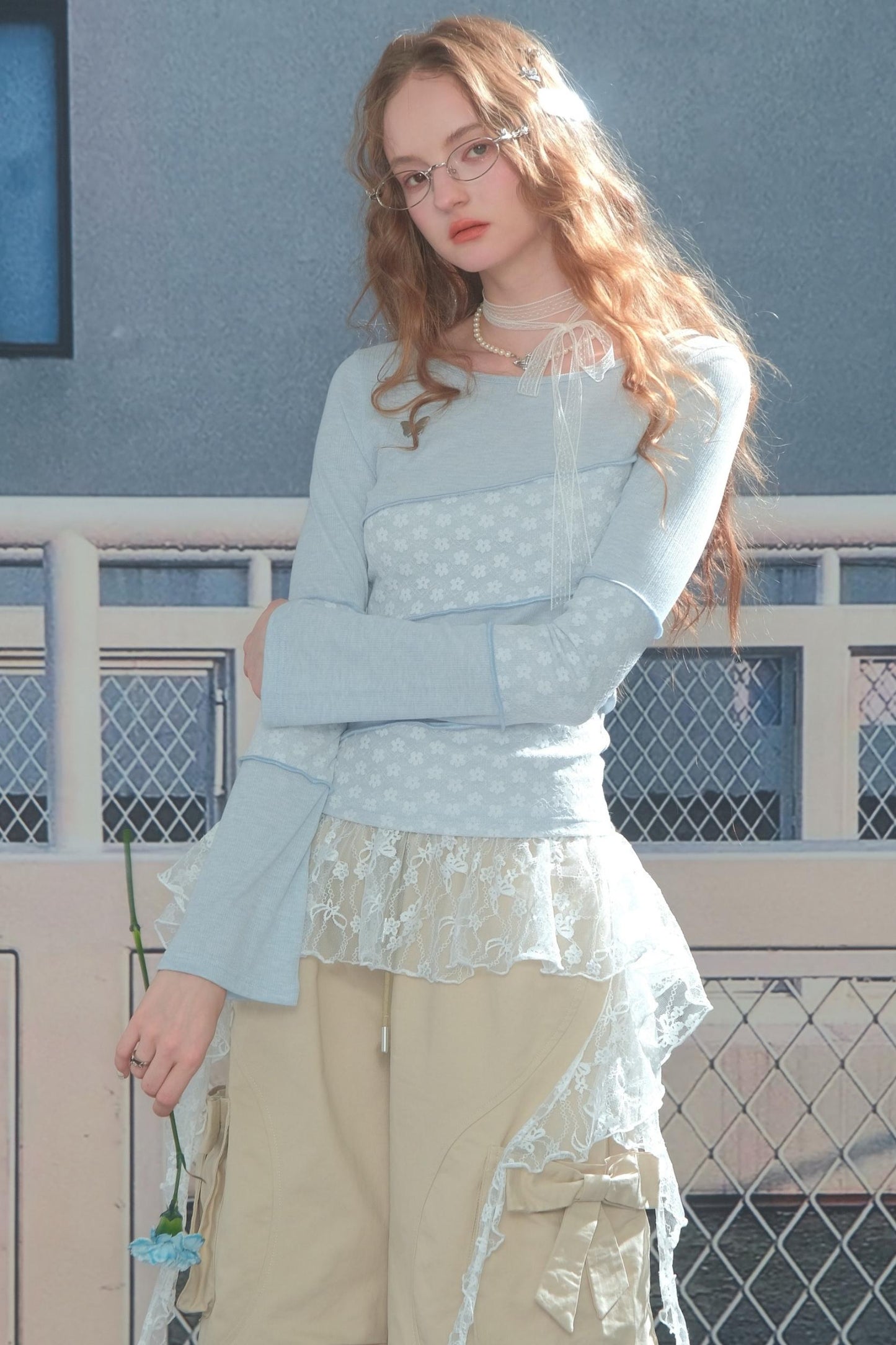 Twill Stitch Lace Knit Top