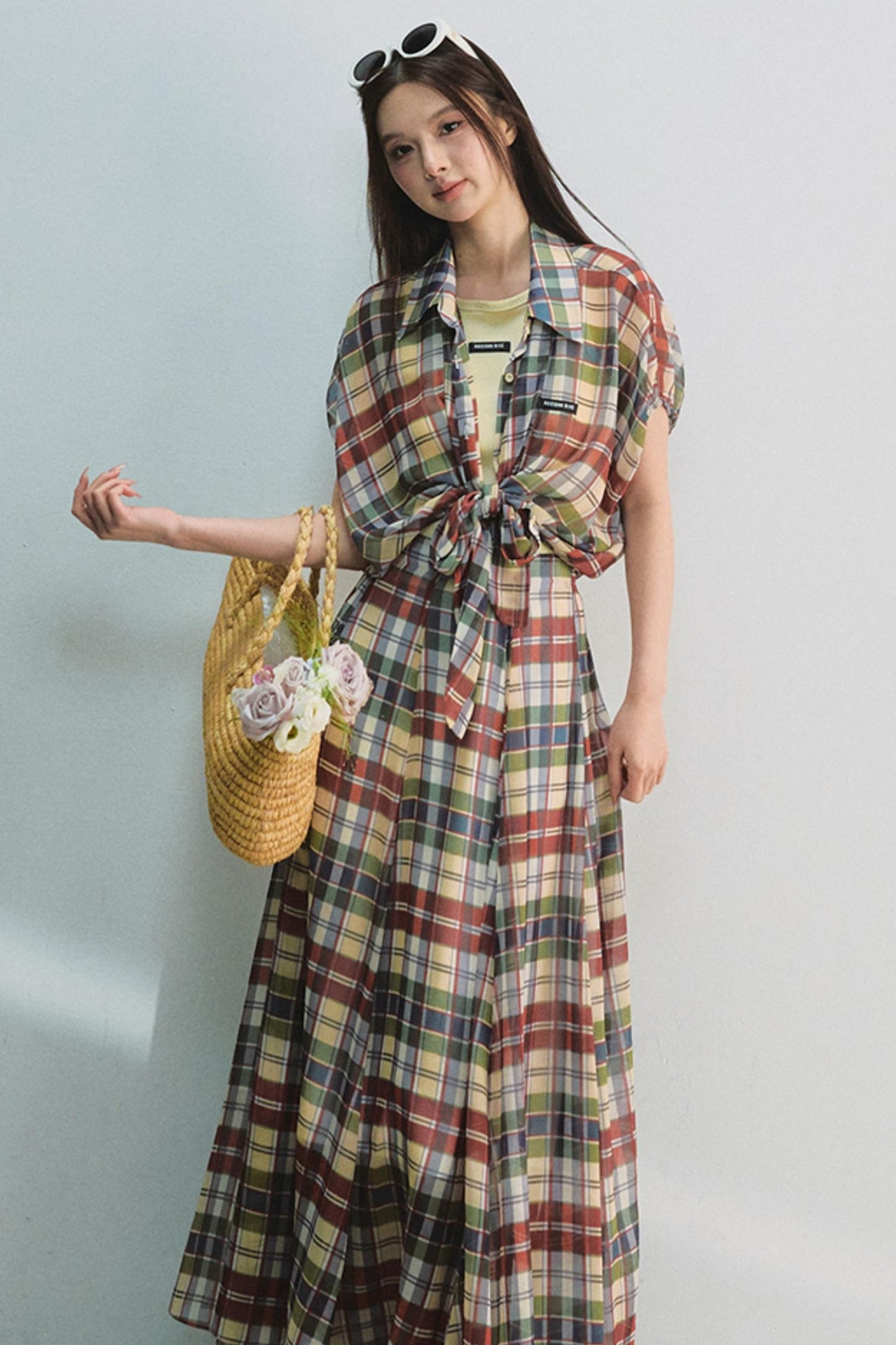 Plaid Tie Top & Midi Skirt Set-Up