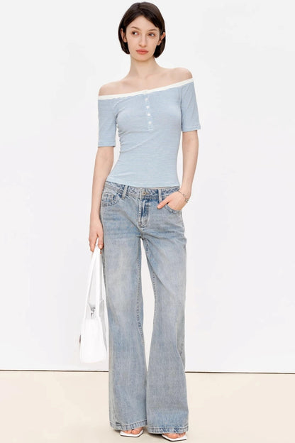 Blue Asymmetrical Lace Top