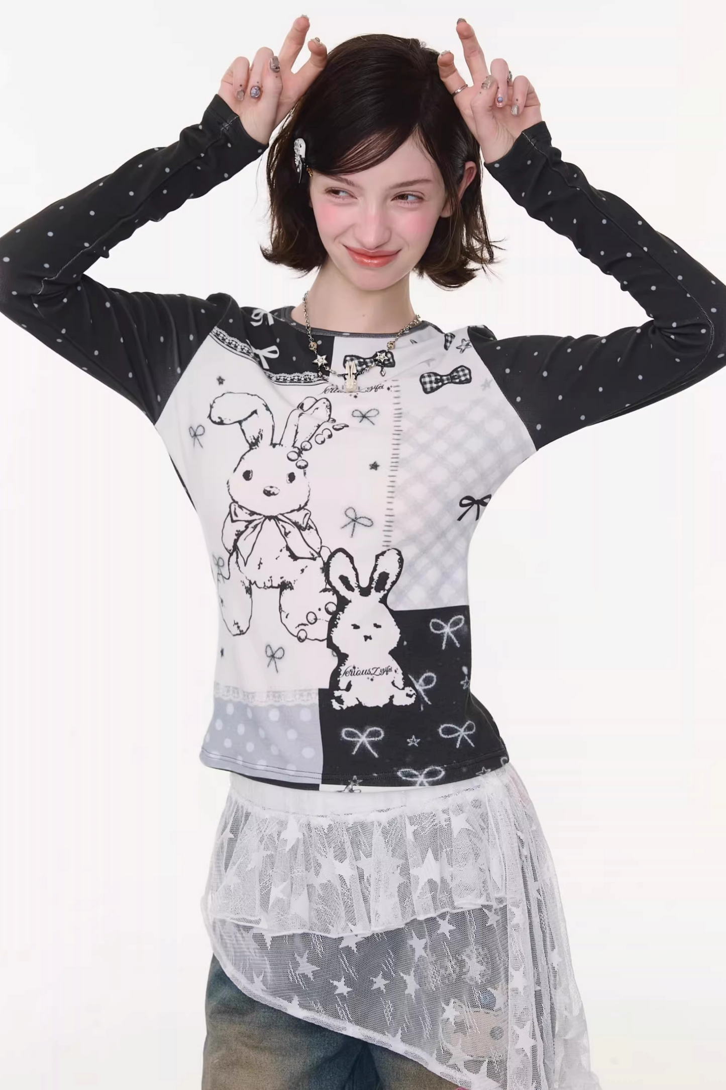 Contrast Bow Rabbit Top