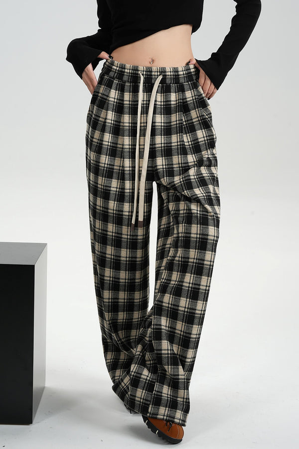 Plaid Elastic Waist Wide Leg Pants