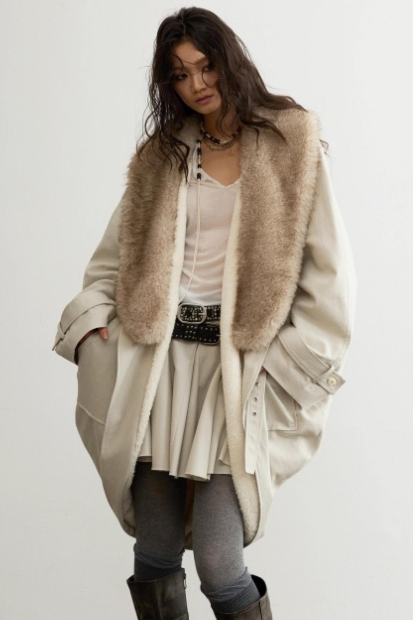 Retro Distressed Fur Collar Jacket Set-Up