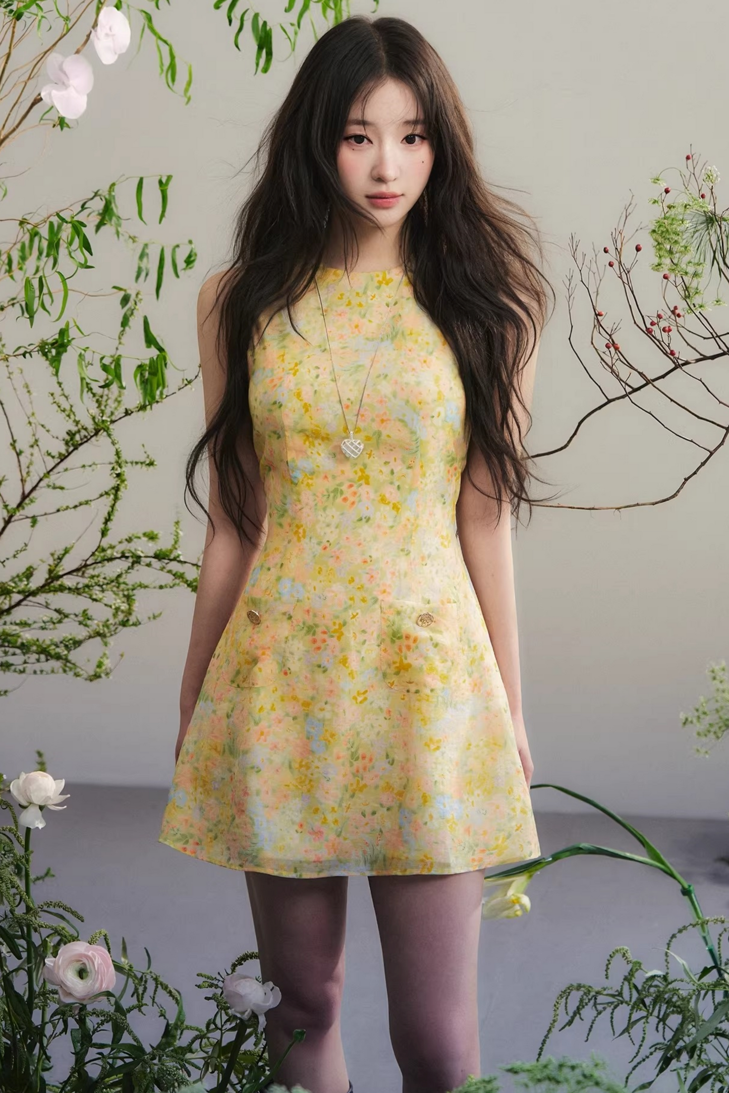 Bright Yellow Floral Linen Dress